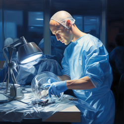 Hair Transplant Technician at work, using a palette of clinical blues and whites.