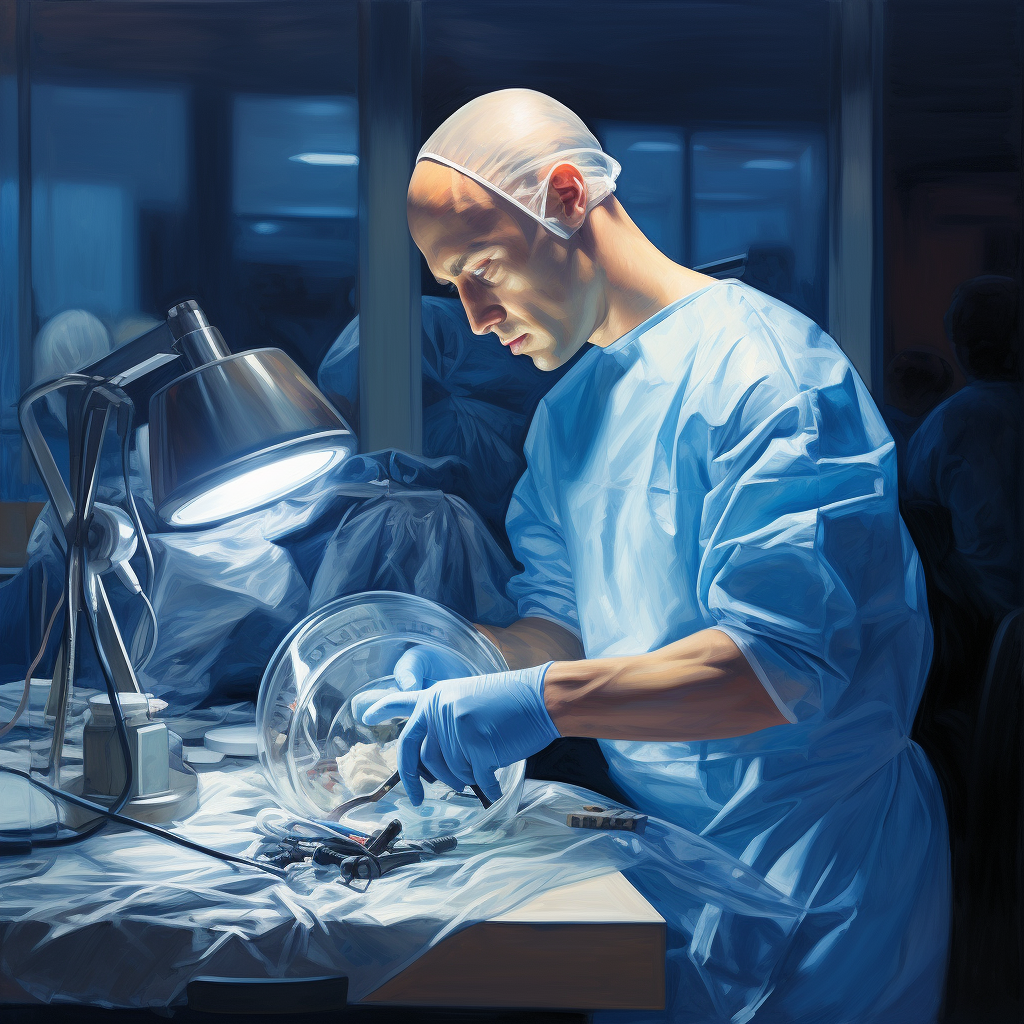 Hair Transplant Technician at work, using a palette of clinical blues and whites.