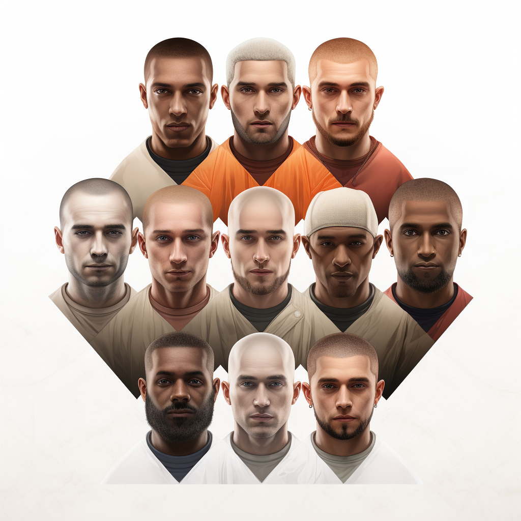 Hair Transplant Buzz Cut featuring various skin tones and hair colors.