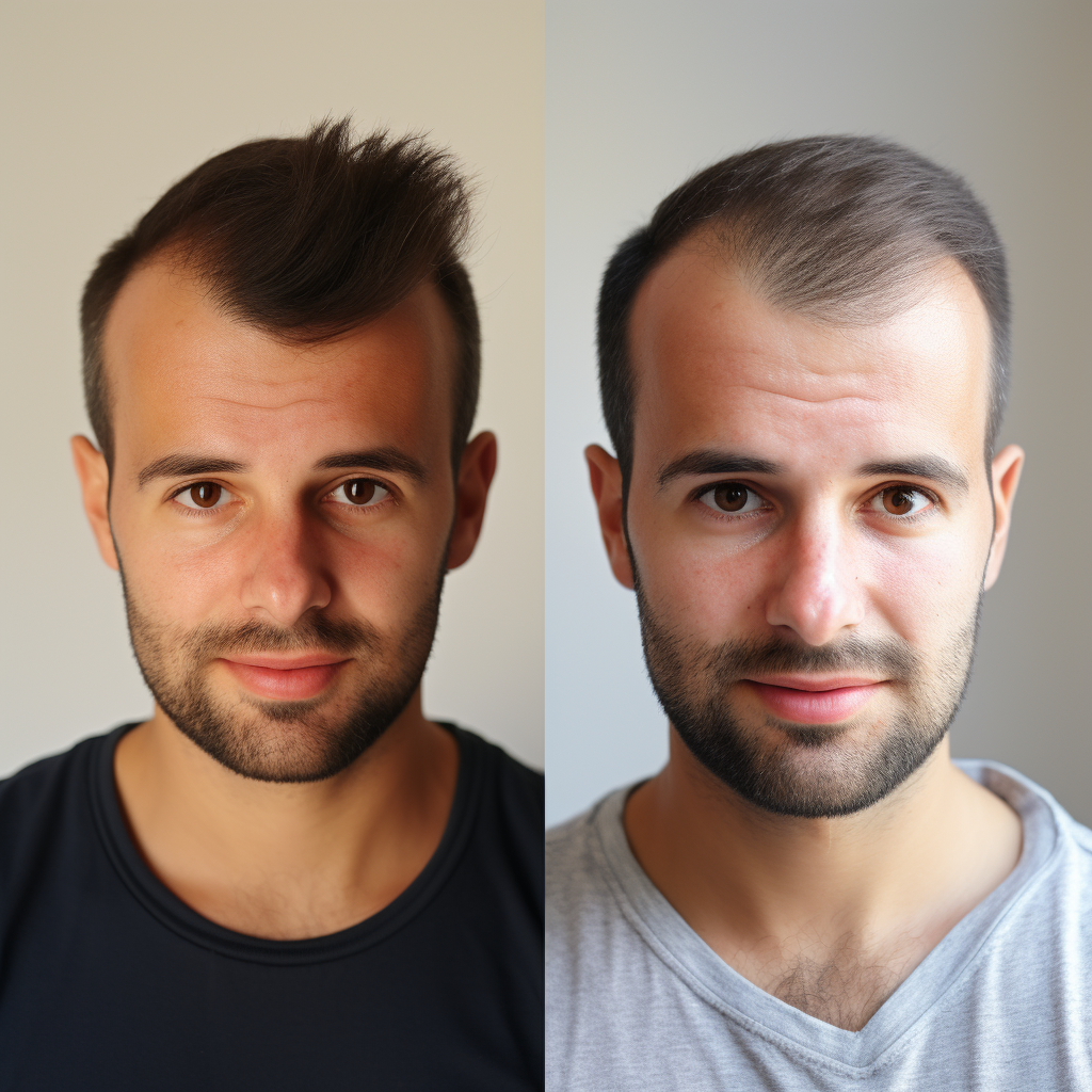 Show 'Diffuse Thinning Hair Transplant' with the contrast of thinning hair and post-transplant growth.