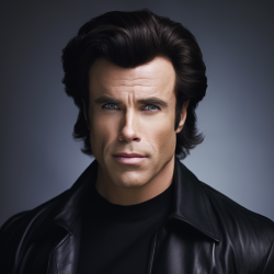 John Travolta Hair Transplant, using his characteristic black hair and skin tones.